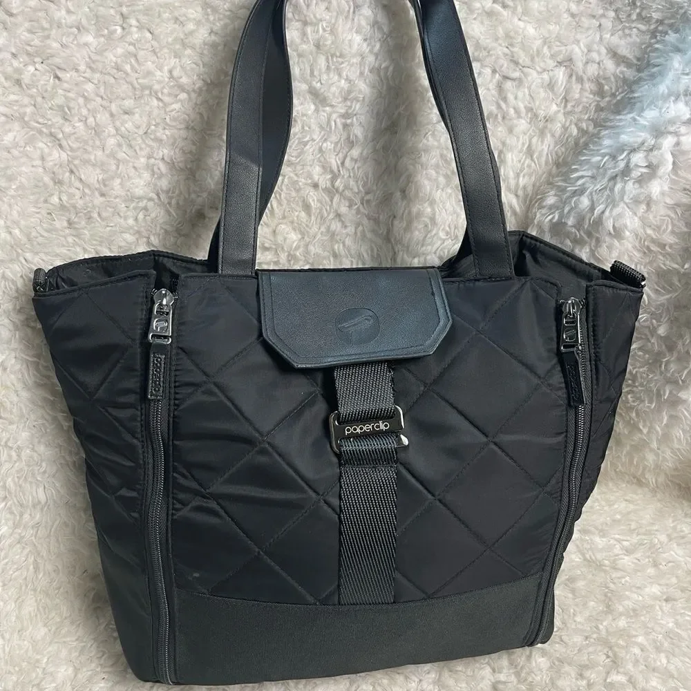 Paper Clip Black Nylon Quilted Large Diaper Bag silver tone hardwares.